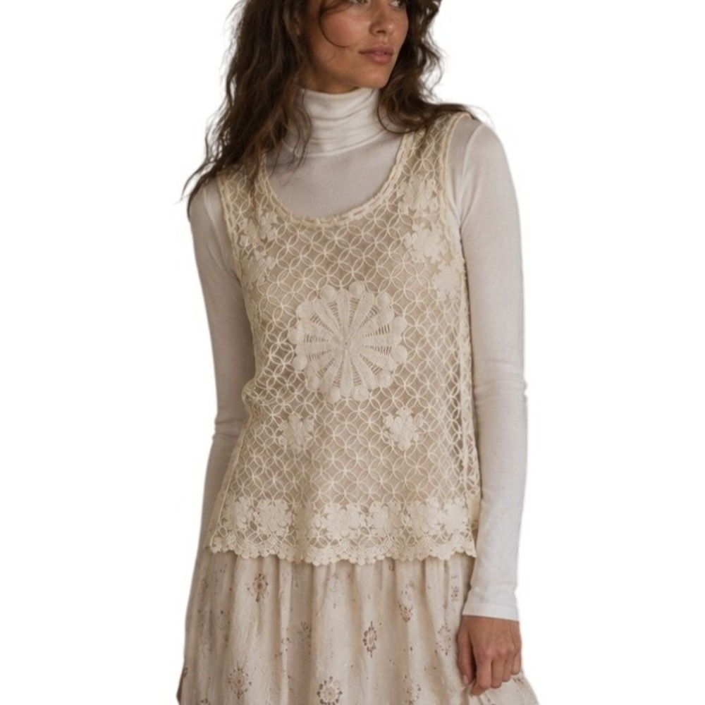 Vintage Y2K Ethereal Whimsy Boho Ivory Embroidered Sheer Tank Top